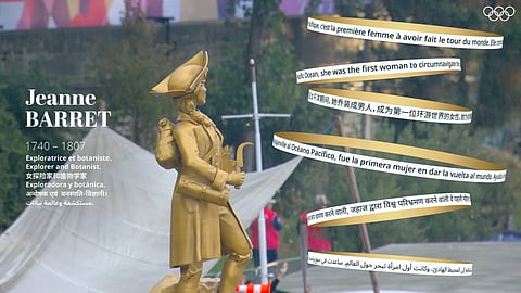 Jeanne Barret's statue at the Paris Olympics 2024 Opening Ceremony. 